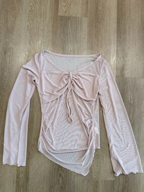 Ruched Tie-Front Long Sleeve Blouse in Light Pink